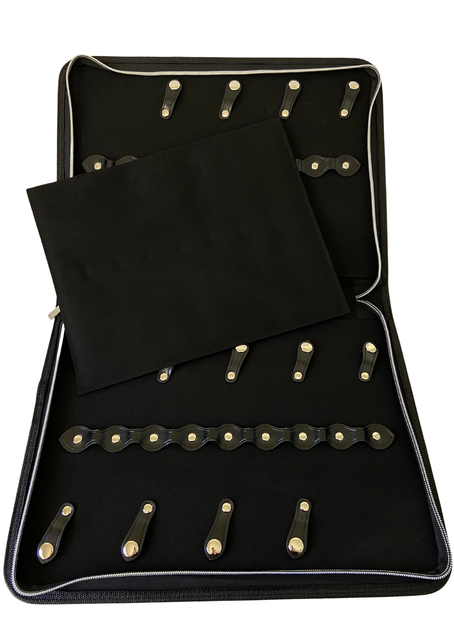 An open iCandy black leather scissor zip case displaying 16 multiple scissor slots including soft viewing pad. The case features premium buttons and stitching with a iCandy embossed logo.