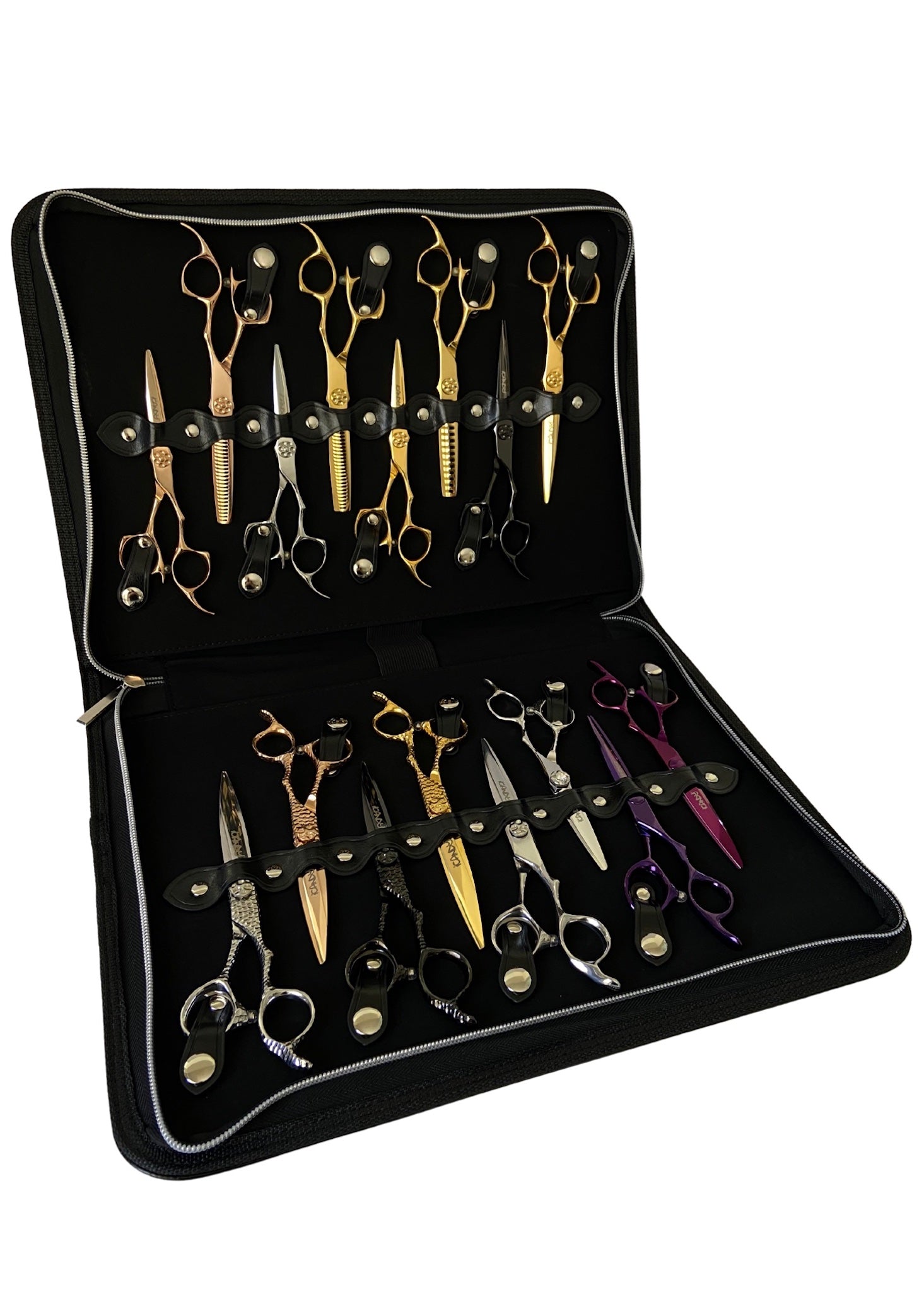 An open iCandy black leather scissor zip case displaying multiple scissor slots with various gold-colored scissors placed inside. The case features premium buttons and stitching with a iCandy embossed logo.