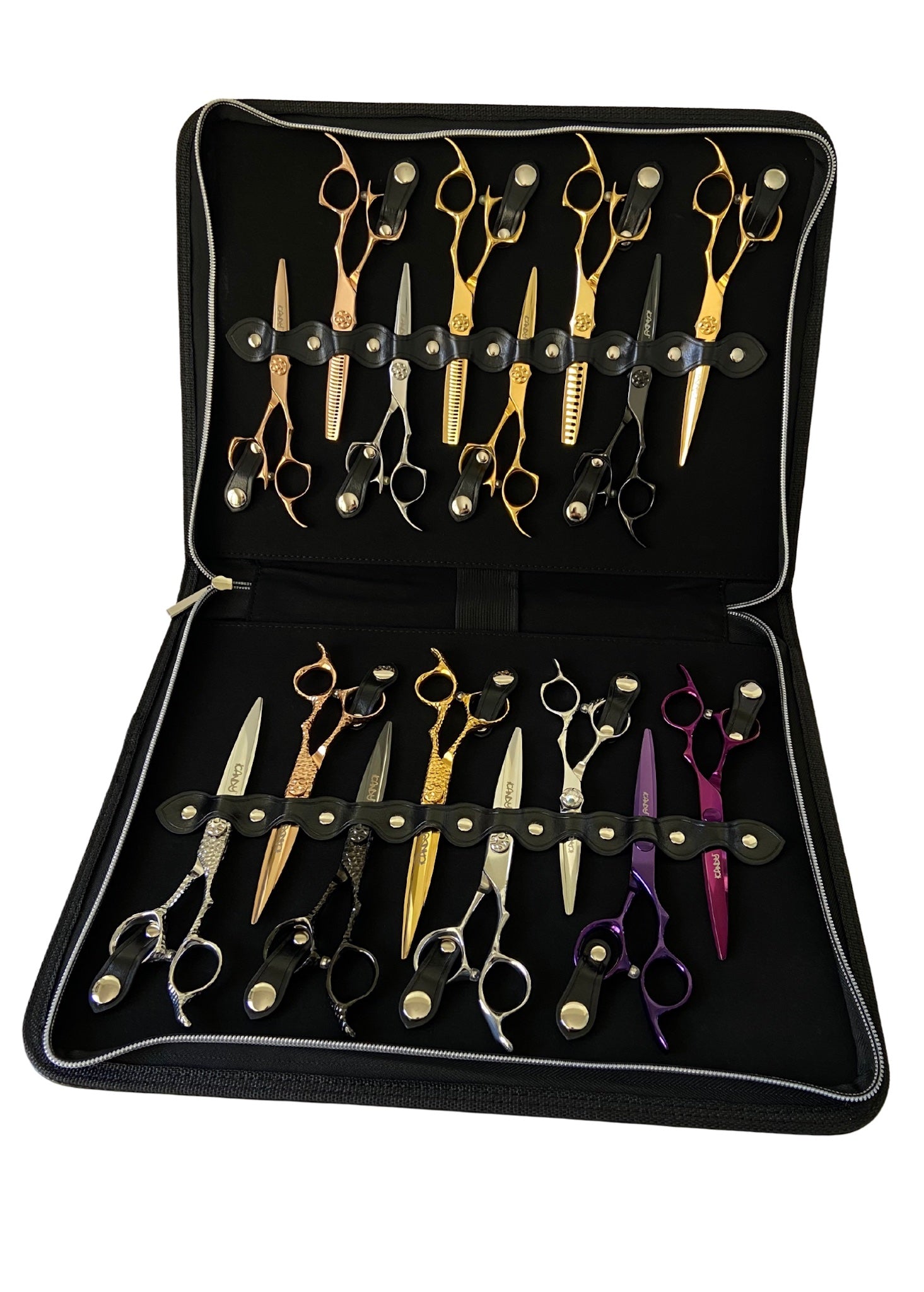 An open iCandy black leather scissor zip case displaying multiple scissor slots with various gold-colored scissors placed inside. The case features premium buttons and stitching with a iCandy embossed logo front view