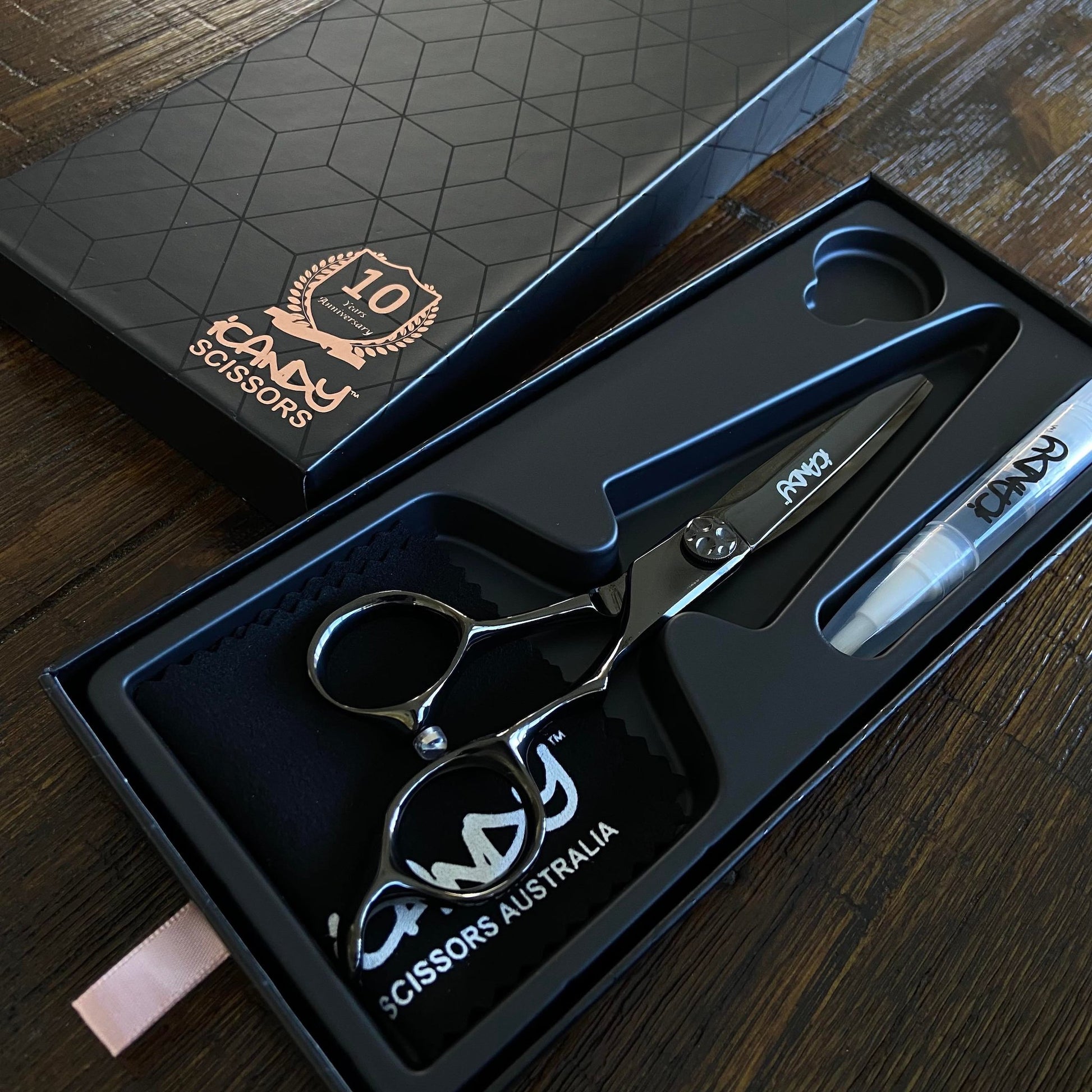 Luxury iCandy SWORD VG10 6.1 inch barber scissors – sharp Japanese steel hairdressing shears in midnight black finish in gift box